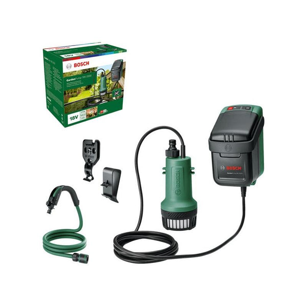 Bosch GardenPump 18V-2000 Rainwater Pump Set: Includes pump, battery unit, and hose connectors.