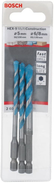 Bosch HEX-9 Multi Construction Drill Bit Set - 5mm, 6mm, 8mm - Multi-Material Drill Bits for Wood, Metal, Plastic, & Masonry