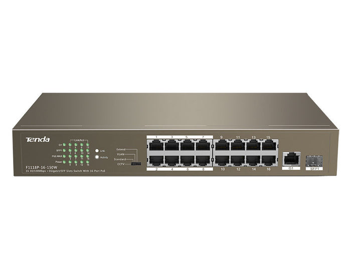 Tenda 16-Port Fast Ethernet Switch with 16-Port PoE | TEF1118P-16-150W Tenda 16-Port Fast Ethernet Switch with 16-Port PoE | TEF1118P-16-150W