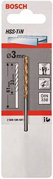 Bosch 3mm HSS-TiN Metal Drill Bit DIN 338: High-Speed Steel for Metal Drilling