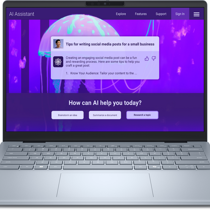 DELL 14 PLUS DB14250 Laptop showcasing AI Assistant with writing tips on its screen. Slim, light design. #DellLaptop #AIAssistant DELL 14 PLUS DB14250 Laptop showcasing AI Assistant with writing tips on its screen. Slim, light design. #DellLaptop #AIAssistant