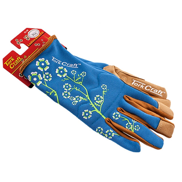 Ladies Gardening Gloves Tork Craft Slim Fit - Blue Floral Design, Medium Size