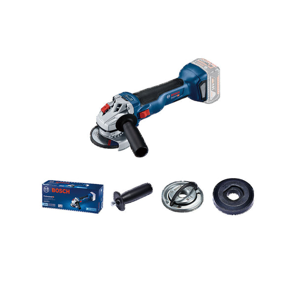 BOSCH GWS 180-LI Cordless Angle Grinder: A powerful and versatile tool. View includes accessories and packaging.