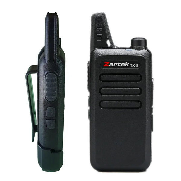 Zartek  TX-8 TWIN PACK two-way radios, UHF handheld transceiver,  2 pin side jack (incl 2 radios, 2 x USB cables, 2 x desktop cradle chargers, 1 mains adaptor, 2 x Batteries, 2 x belt clips) Blister pack