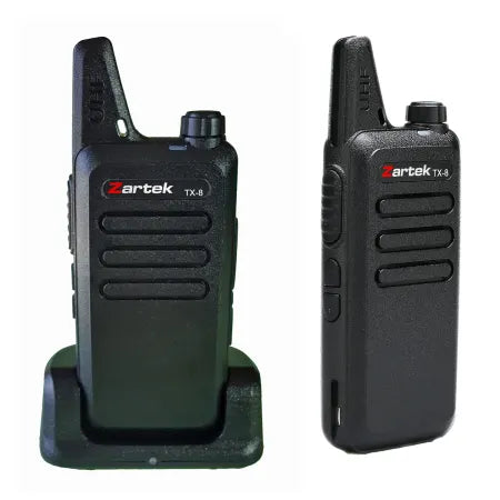 Zartek  TX-8 TWIN PACK two-way radios, UHF handheld transceiver,  2 pin side jack (incl 2 radios, 2 x USB cables, 2 x desktop cradle chargers, 1 mains adaptor, 2 x Batteries, 2 x belt clips) Blister pack