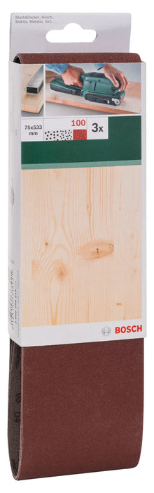 Bosch Sanding Belts 100 Grit 75x533mm 3-Pack | Wood Sanding for Belt Sanders