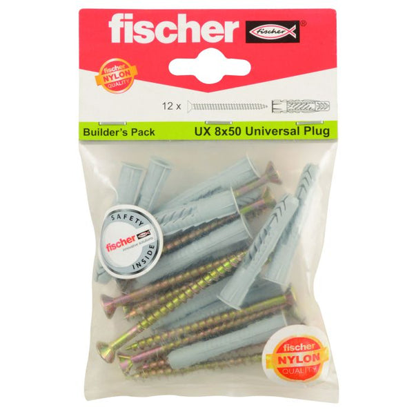 Fischer UX 8x50 Universal Plugs Builder's Pack: Nylon Wall Plugs & Screws for Concrete, Brick, & Hollow Walls. Premium Quality.