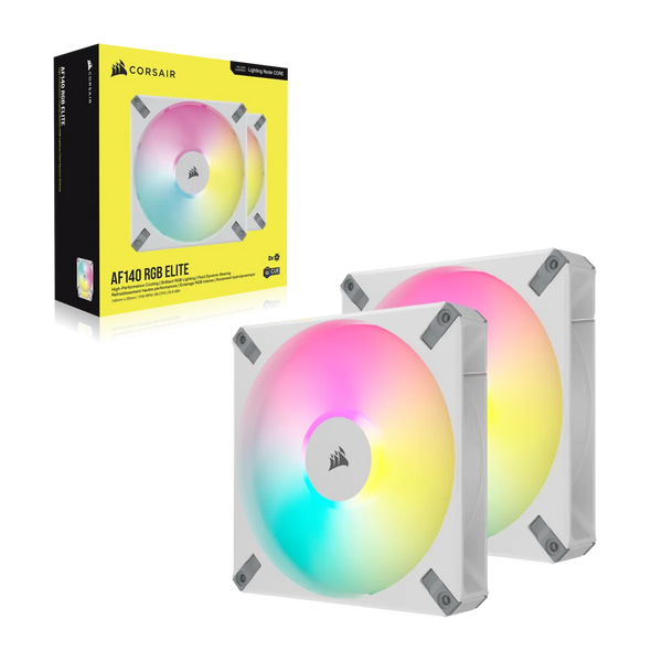 Corsair AF ELITE Series; AF140 RGB ELITE WHITE; 140mm Fluid Dynamic RGB Fan with AirGuide; Dual Pack with Lighting Node CORE-CO-9050160-WW