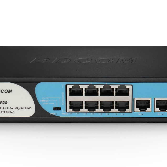 BDCOM 8-Port 100M PoE Switch (8-Port 100M PoE + 2-Port GE RJ45) 90W PoE Budget-BDCOM-S1200-8P2G