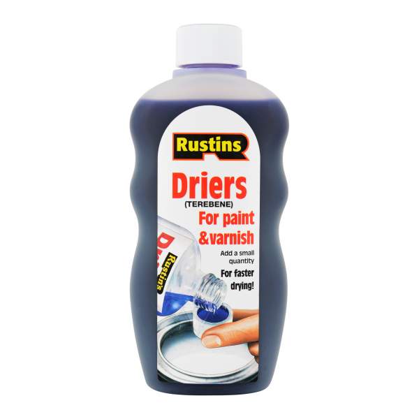 Rustins Paint Driers bottle: Terebene additive for faster drying of oil-based paints & varnishes. Speed up varnish drying time.