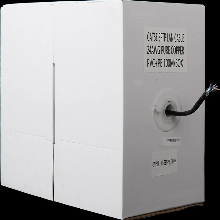 Essential CAT5 UV Outdoor Ethernet Cable 100m Black Solid Copper SF/TP Pull Box | CAT5U-100-GEN-SC