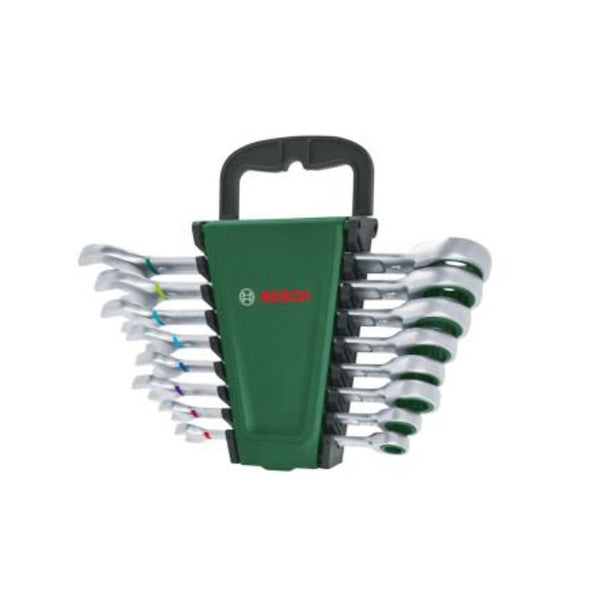 Bosch Ratchet Combination Wrench Set (8-Piece) - 1600A027PS. Premium Chrome Vanadium Wrenches with Organizer.