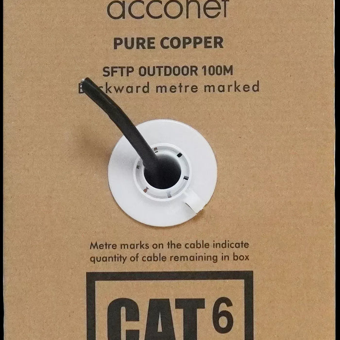 Acconet CAT6 UV Outdoor Ethernet Cable 100m Black Solid Core SF/TP Pull Box | CAT6U-100-SC