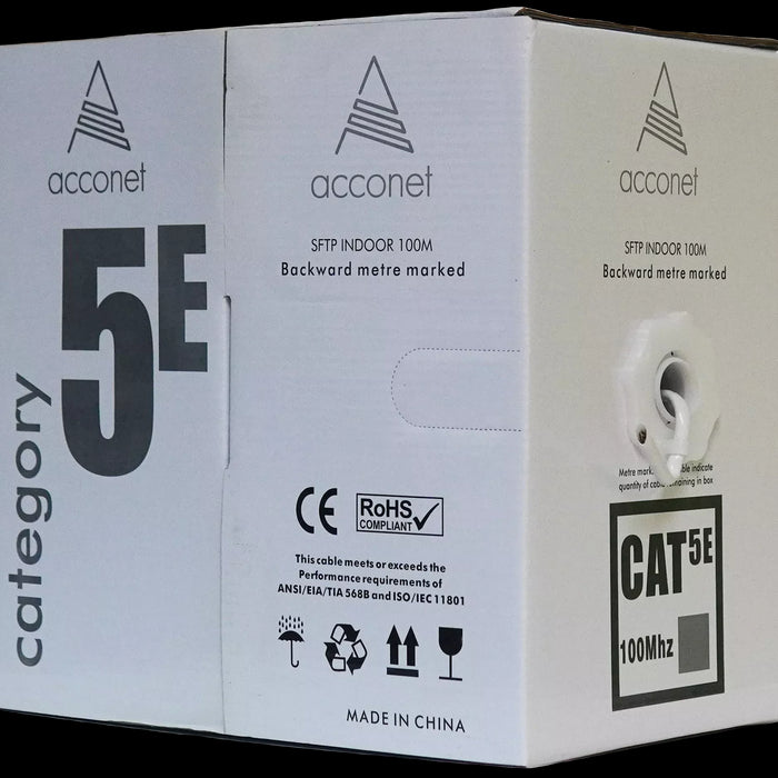 Acconet CAT5e Indoor Ethernet Cable 100m White Solid Copper STP Pull Box | CAT5-100-SC-STP