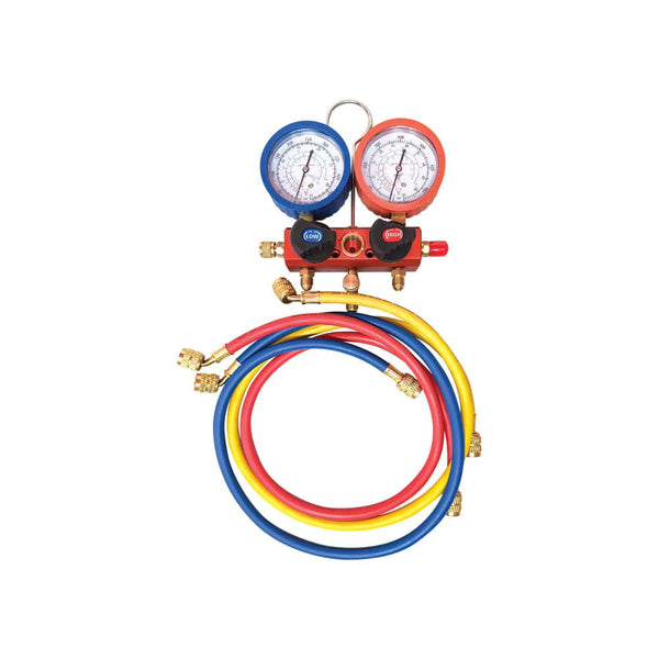 Rothenberger Std Manifold Set - 2-Way For R22-R134A-
R410. Alu Body, 80mm Gauges W Protector. 2 Adaptors 5/16"Sae M To 1/4" Sae F + Std Hoses 900mm -  (SKU: 170551)
