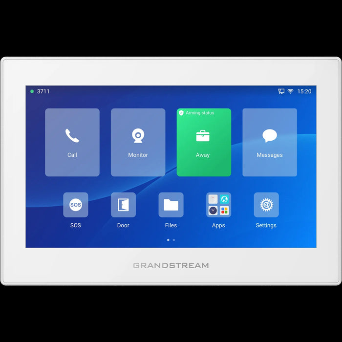 Grandstream GSC3574: Touch Screen Intercom & Facility Control Station. Call, Monitor, Away, Messages, SOS, Door, Files, Apps, Settings.
