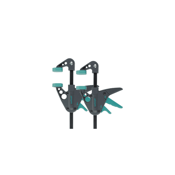 Wolfcraft Miniature One-Hand Clamps: Two compact clamps for woodworking and DIY projects.