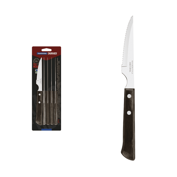 Tramontina Steak Knife Set 6pc - Serrated Stainless Steel BBQ Knives w/ Polywood Handles - Churrasco Line