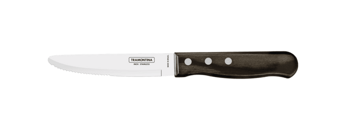Tramontina Steak Knife: Serrated Stainless Steel Blade, Brown Polywood Handle. Jumbo Size for Effortless Steak Cutting.