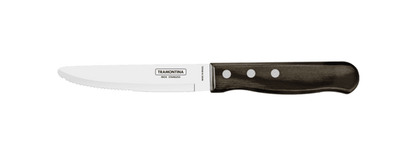 Tramontina Steak Knife: Serrated Stainless Steel Blade, Brown Polywood Handle. Jumbo Size for Effortless Steak Cutting.