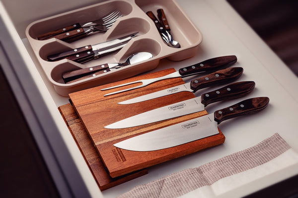 Tramontina Barbecue Set: 5-Piece BBQ Knives, Fork & Drawer Organizer. Stainless Steel, Wooden Handles. Chavda.com