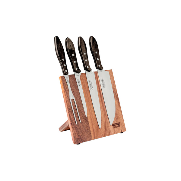 Tramontina BBQ Knife Set - 5pc Stainless Steel Knives with Wood Block - Barbecue Churrasco Grill Knives