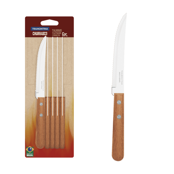 Tramontina Steak Knives 6-Piece Set: Serrated BBQ Kitchen Knives with Wood Handles - High-Quality Cutlery!