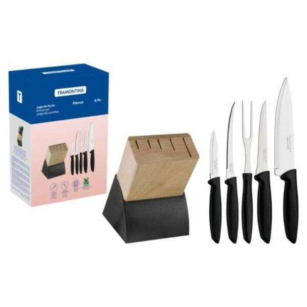 Tramontina Plenus 6-Piece Knife Set: Block, Knives, and Box | Kitchen Knives with Black Handles