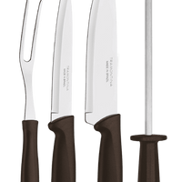 Tramontina Plenus 4-Piece BBQ Knife Set: Fork, Knife, Sharpener - Stainless Steel Blades, Brown Handles