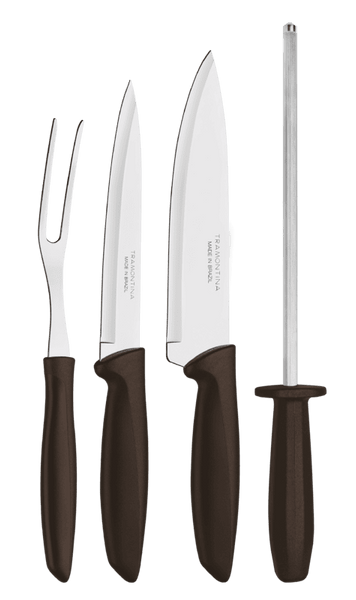 Tramontina Plenus 4-Piece BBQ Knife Set: Fork, Knife, Sharpener - Stainless Steel Blades, Brown Handles