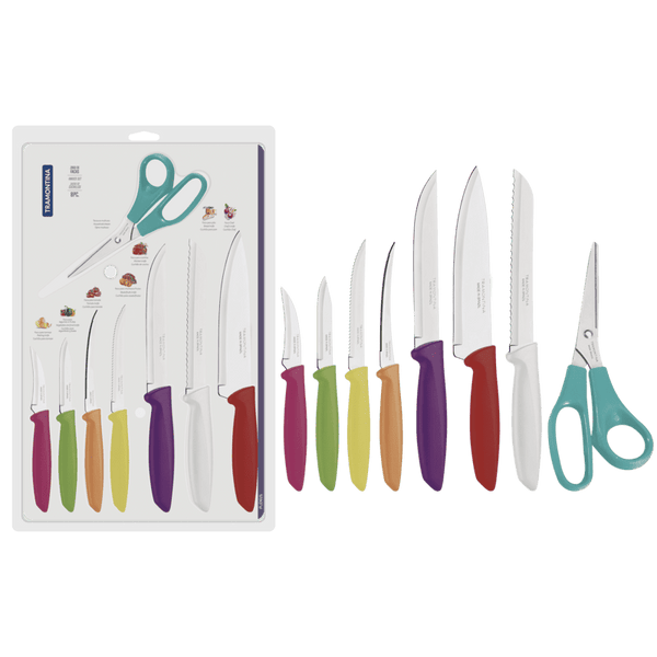 Tramontina 8-Piece Knife Set: Stainless Steel, Colorful Handles, Blister Pack Kitchen Essential