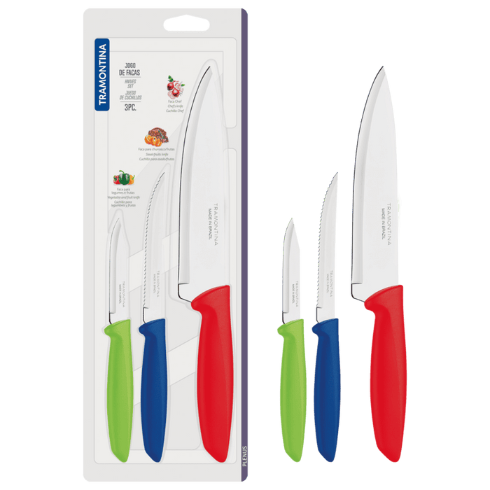 Tramontina Plenus 3-Piece Kitchen Knife Set: Color-Coded Handles, Stainless Steel Blades - Perfect for Culinary Enthusiasts!