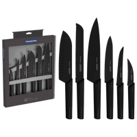 Tramontina 6-Piece Nygma Knife Set: Black Stainless Steel Kitchen Knives, with Textured Polypropylene Handles, in Packaging and Out