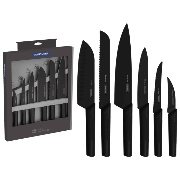 Tramontina 6-Piece Nygma Knife Set: Black Stainless Steel Kitchen Knives, with Textured Polypropylene Handles, in Packaging and Out