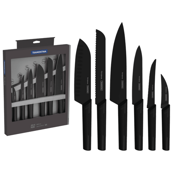 Tramontina 6-Piece Nygma Knife Set: Black Stainless Steel Kitchen Knives, with Textured Polypropylene Handles, in Packaging and Out