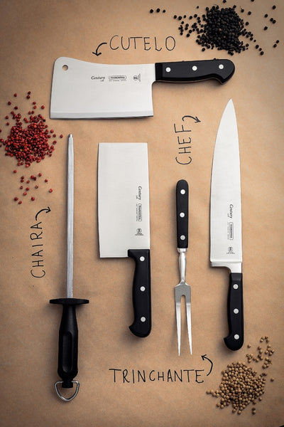 Tramontina Century Knife Set: Cleaver, Butcher Knife, Chef Knife, Sharpening Steel, Carving Fork. High-Quality Professional Kitchen Knives