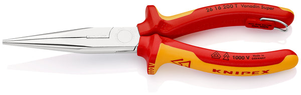 KNIPEX 26 16 200 T Snipe Nose Side Cutting Pliers (Stork Beak Pliers) insulated with multi-component grips, VDE-tested with integrated insulated tether attachment point for a tool tether chrome-plated 200 mm - KNI2616200T