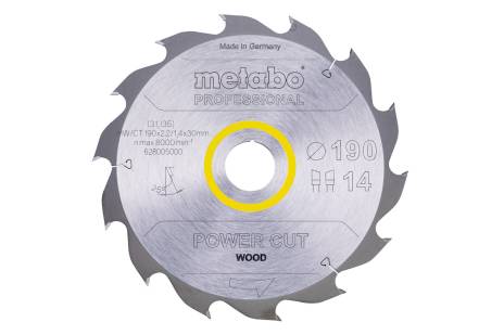 Metabo 190mm Saw Blade Power Cut Wood Professional. Circular saw blade for wood. Diameter: 190mm, bore: 30mm, 14 Teeth