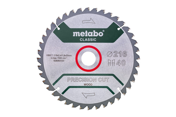Metabo Saw Blade Precision Cut Wood Classic", 216x30, Z40 WZ 5°Neg. - 628060000