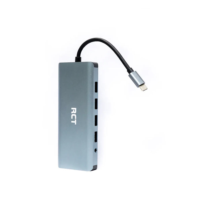 RCT compact 12-in-1 USB Type C hub with 2 HDMI; 1 VGA; 3 USB 3.0; 1 USB 2.0; 1 RJ45; PD; Audio; SD & microSD card reader.