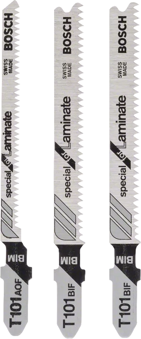Bosch Jigsaw Blades: T101BIF (2x) & T101AOF Laminate Blades - 3 pc Set. High-Speed Steel (HSS) Blades. Swiss Made Quality!