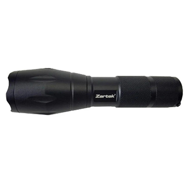 Zartek Extreme Bright Flashlight,
1000 Lm, 10W Aluminium, 
Focus flood to spot, 
USB Rechargeable, 18650 battery 2200mAH, mains plug in charger, pouch, tactical back switch