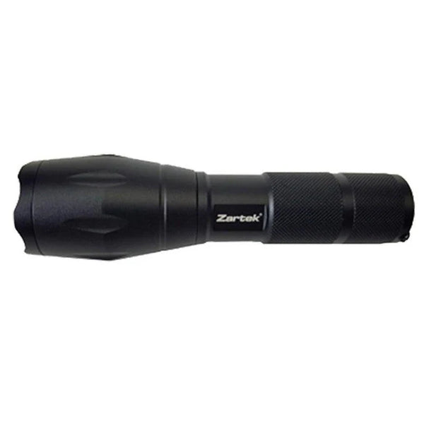 Zartek Extreme Bright Flashlight,
1000 Lm, 10W Aluminium, 
Focus flood to spot, 
USB Rechargeable, 18650 battery 2200mAH, mains plug in charger, pouch, tactical back switch