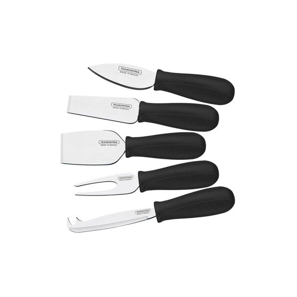 Tramontina Cheese Knife Set: 5 Stainless Steel Knives with Black Handles. Cheese tools, cheese spreaders, cheese cutlery