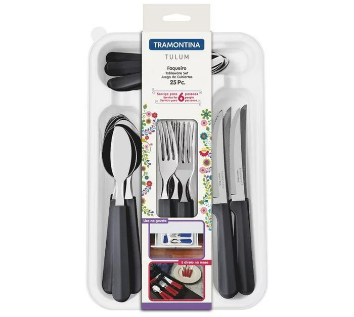 Tramontina Tulum 25-Piece Flatware Set: Black Handle Cutlery for 6 People