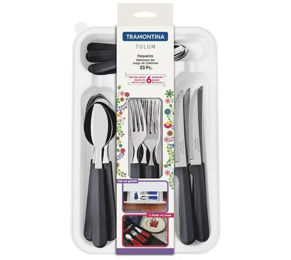 Tramontina Tulum 25-Piece Flatware Set: Black Handle Cutlery for 6 People