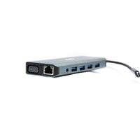 RCT compact 12-in-1 USB Type C hub with 2 HDMI; 1 VGA; 3 USB 3.0; 1 USB 2.0; 1 RJ45; PD; Audio; SD & microSD card reader.
