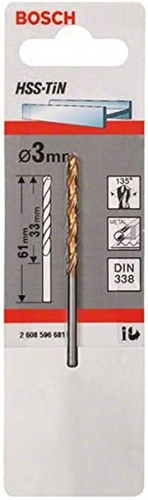 Bosch Metal drill bits - HSS-Tin DIN 338 3,0 x 33 x 61 mm - SKU: 2608596681