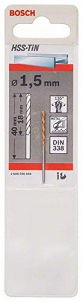 Bosch Metal drill bits - HSS-Tin DIN 338 1,5 x 18 x 40 mm - SKU: 2608596666