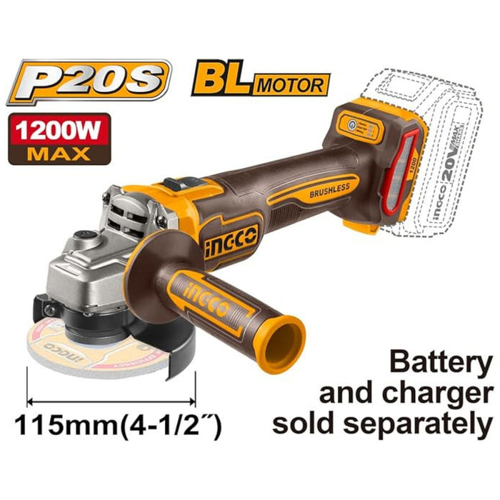 INGCO 20V ANGLE GRINDER 115MM B/LESS 3SPD 1200W product image